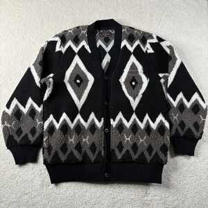 Beams Plus Japan Boa Cardigan Jumper Fleece Men's Size Medium Black Jacquard